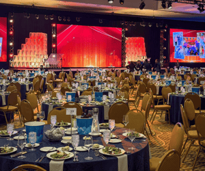 an awards dinner setup at a sales meeting
